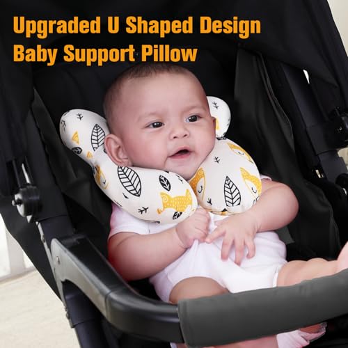 Image of KAKIBLIN Baby Neck Pillow, Upgraded Baby Support Pillow for Head and Neck, Babies Head Pillow for Car Seat, Stroller, Pushchair,Travel(Yellow Fox)