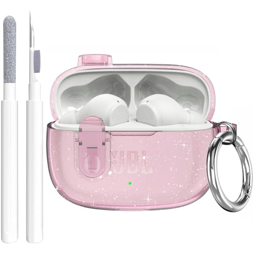 Compatible with JBL Vibe 200TWS/JBL Vibe Beam/Beam 2 Case Cover Clear Lock Clip with Cleaner Kit, Transparent TPU Protective Cover Men Women with Carabiner for JBL Vibe Beam 2 Charging Case