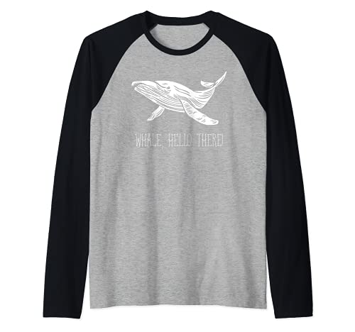 Whale Hello There Ocean Sea Mammal Novelty Animal Lover Raglan Baseball Tee, Black