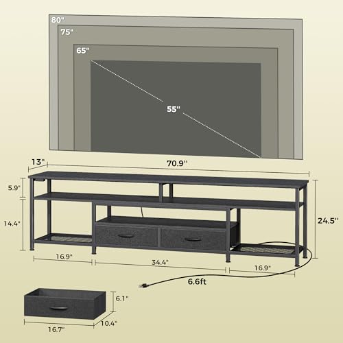 Huuger TV Stand for 75 80 Inch TV, Entertainment Center with Power Outlets and LED Lights, 70.9 Inch TV Console for Living Room, Media Console with Drawers and Shelves, Black, 8780BC