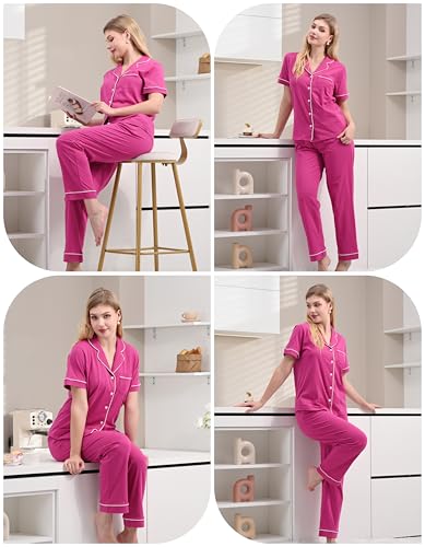 Image of NAP BOUND 100% Cotton Women Pajama Sets Button Down Short Sleeve Sleepwear Soft Pjs 2 Piece Lounge Set with Pocket XS-XXL