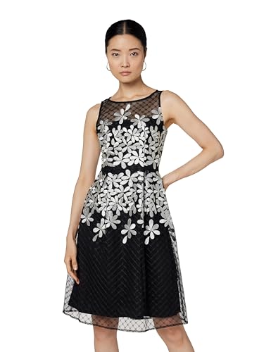 Adrianna Papell womens Embroidered Fit and Flare Dress, Black/Ivory, 8 US