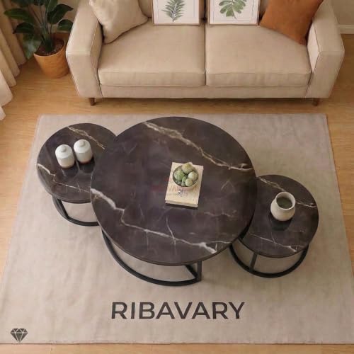 Image of Round Coffee Table Set of 3, Marble Laminated Accent Center Table with Sturdy Metal Base | Modern Foldable Nesting Stacking Tables for Living Room, Bedroom, or Apartments (Full Black)