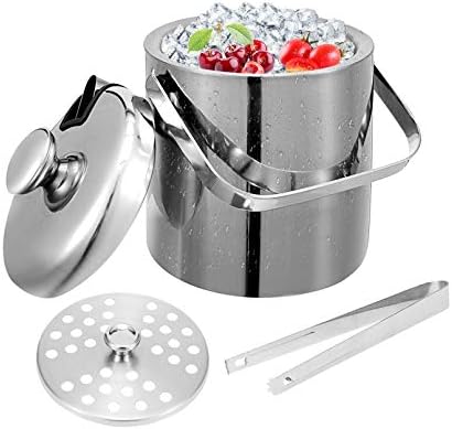 Stainless Steel Ice Buckets with Lid and Tongs Included Strainer Double-Walled Bar Ice Bucket Set for Home Bar and Parties 1.3L
