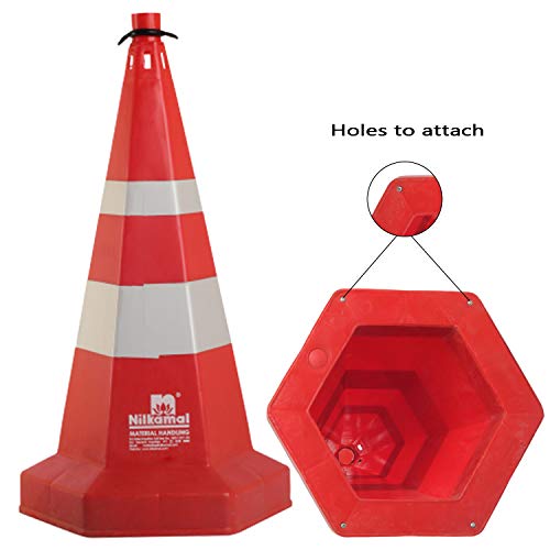 Image of LADWA Nilkamal Road Traffic Safety Cone, Pack of 4 Cones 750mm, with 4 mtr Chain + 4 Hooks, (Safety Cone, Traffic Safety Cone, Road Safety Cone with Reflective Strips Collar).