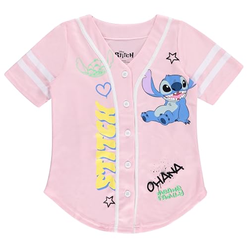 Image of Disney Lilo & Stitch Girls Baseball Jersey Shirt Button Down Kids Tee Stitch Angel Sizes 4-16