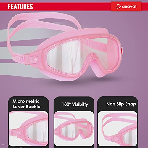 Image of AIRAVAT Macho swimming goggles for Kids Children Teens, polycarbonate goggles, Anti-Fog, Anti-UV, Wide View Swimming Goggles, Free size (Pink Combo)