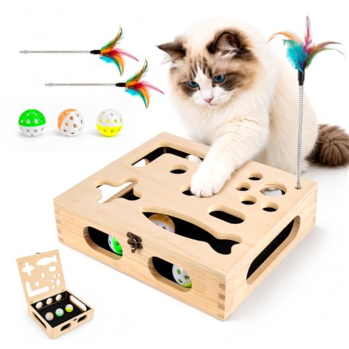 Cat Scratch Puzzle Enrichment Box, Wooden Interactive Toy for Indoor Cat