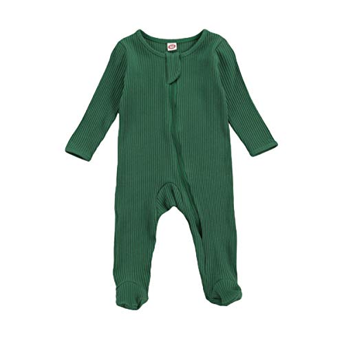 One opening Newborn Baby Boy Girl Zipper Footies Pajamas Pjs Ribbed Solid Long Sleeve Romper Jumpsuits Footed Sleep and Play (Green, 0-3 Months)