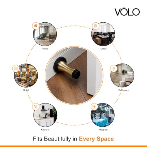 Image of Volo Pack of 2 Pieces Heavy Duty Wall Mounted Door Stops, Rigid Door Stopper with Low Mounted Black Rubber Bumper Tips, Protect Wall & Door for Kitchen, Bedroom, Office (Antique Brass)