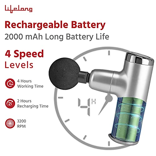 Image of Lifelong Wireless LLGM36 Mini Gun Massager with 4 heads| Deep Tissue Percussion Muscle Massager for Pain Relief & Recovery, Portable Handheld Electric Fascial Gun Massager (Silver)