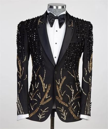 Mens 2 Pieces Wedding Suit with Black Gold Rhinestone Slim Fit Shawl Lapel Blazer Jacket Pants Set for Prom,Party2
