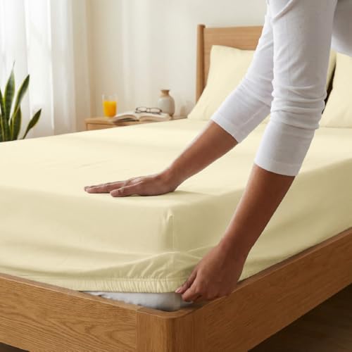 Image of Blue Dahlia 100% Cotton, King Size /Double, Elastic Fitted Bedsheet (72 inchx78 inch) + 2 Pillow Covers, Percale Weave, Fits Upto 10 inch Mattress, 200TC Solid Premium Bedsheet, Colour: Yellow