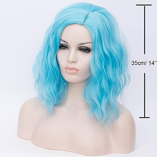 Image of BERON Blue Wigs for Women Short Curly Side Part Wig Girls Shoulder Length Body Wavy Hair Wig Sky Blue Heat Resistant Synthetic Halloween Cosplay Daily Party Wigs