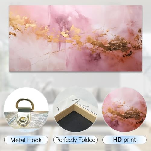 Art mural abstrait sur toile rose avec cadre marbre moderne 71x143cm
