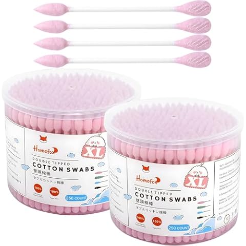 HOMEFOX Pink Cotton Swabs Flattened Pointed - 500 Count Organic XL Cotton Bud Double Side Tight Firm Wounded Precision Extra Large Cotton Tips Applicator Blender Paper Stick, Flatten & Pointy (Pink) Cover