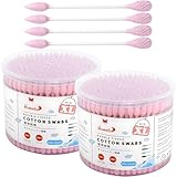 HOMEFOX Pink Cotton Swabs Flattened Pointed - 500 Count Organic XL Cotton Bud Double Side Tight Firm Wounded Precision Extra Large Cotton Tips Applicator Blender Paper Stick, Flatten & Pointy (Pink)