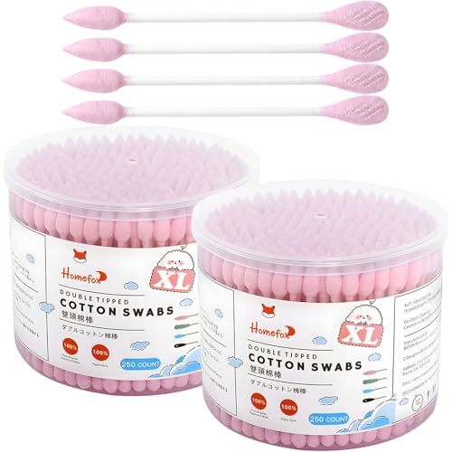 HOMEFOX Pink Cotton Swabs Flattened Pointed - 500 Count Organic XL Cotton Bud Double Side Tight Firm Wounded Precision Extra Large Cotton Tips Applicator Blender Paper Stick, Flatten & Pointy (Pink)