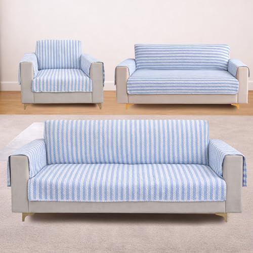 Image of Homerz Premium 5(3+2+1) Seater Quilted Reversible Sofa Cover Mat with Pocket Arms | Polyester Blend 350 GSM Full Coverage & Back Belt for Stability (Azurea, 5(3+2+1) Seater)