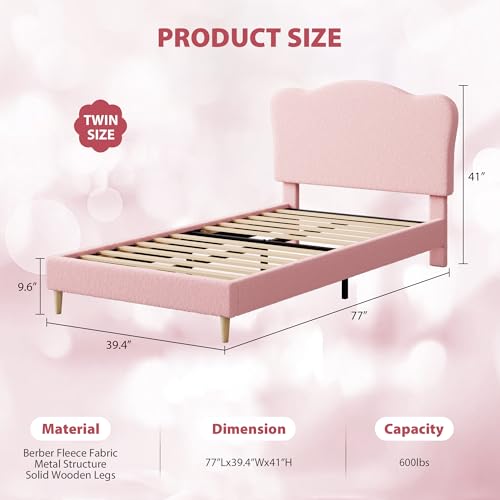 Image of GarveeHome Upholstered Twin Size Bed Frame for Kids with Scallop Headboard, Cute Velvet Twin Bed for Girls, Boys, Sturdy Platform Bed, No Box Spring Needed, Wooden Slats, Noise Free, Pink