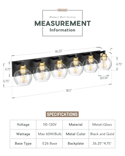Image of 6-Light Black and Gold Bathroom Vanity Light Over Mirror, VL195-KG-6 | 38 Inch Modern Wall Sconces, Globe Clear Glass Shade, Bathroom Light Fixtures