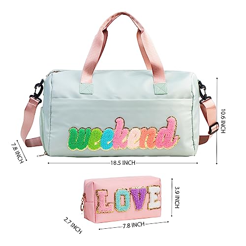Travel Weekender Bag for Women With Shoe Compartment - Carry-On Duffel, Gym, Hospital Personal Item - Includes Toiletry Bag - 2 Pcs Love Chenille Letter Preppy3