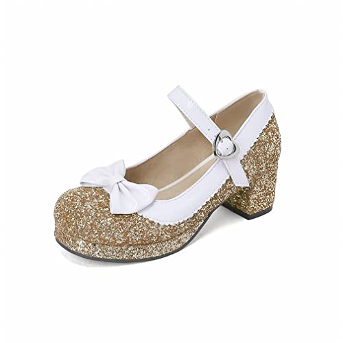 Elyffany Women's Glitter Prom Pumps Cute Lolita Cosplay Shoes Bow Mid Chunky Heel Mary Jane Shoes