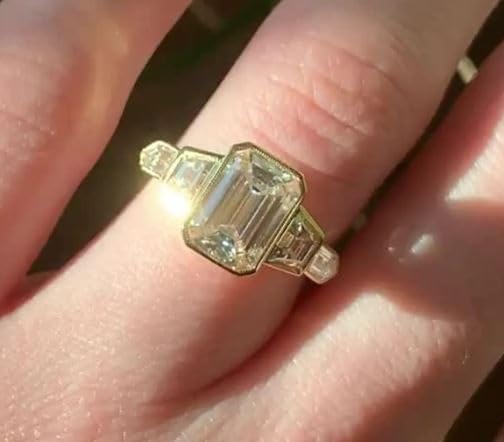 Bezel Set Five Stone Ring, Emerald Cut,Diamond Engagement Ring,14 KT Gold Plated,Wedding Ring For Women,Gifted For Her,Size 3-12.