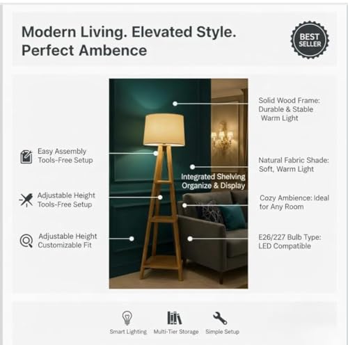 Image of Modern Floor Lamp with Storage Shelves, Wooden Frame, Linen Shade, Standing Light for Living Room, Home Decor