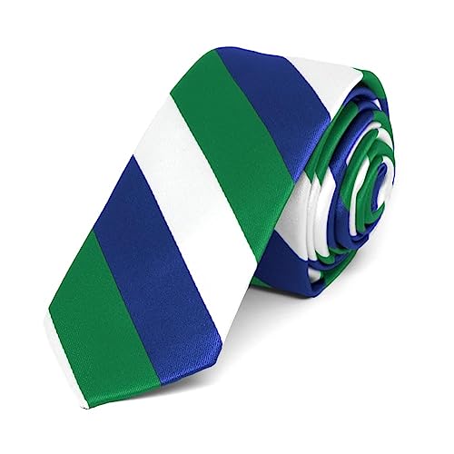 tiemart Striped Skinny Tie, 2" Width (Kelly Green, White and Royal Blue)