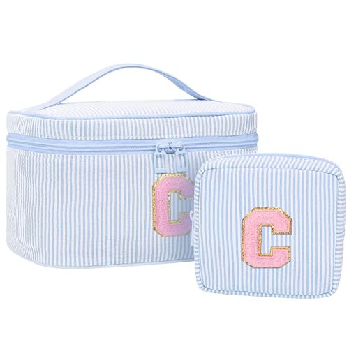 MONSTINA Personalized Initial Makeup Bag for Women Teen Girls, Blue C