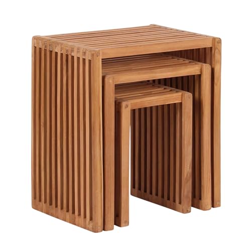 MR. DEKO® Beistelltisch 3er-Set Teak Tisch Set für Garten Terrasse Balkon Wintergarten stapelbar und platzsparend | Massivholz Möbel wetterfest | Robuste und stabile Gartenmöbel bis max. 45x32x50 cm