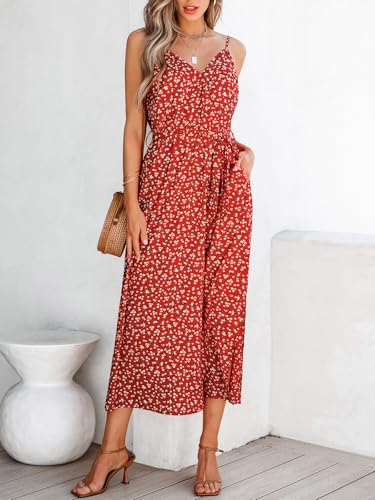 Image of CUPSHE Women's Summer Beach Dress Ditsy Floral Spaghetti Strap Waist Tie Side Slit Midi Dresses
