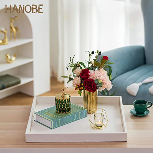 Hanobe Square Large Ottoman Tray: Extra Large White Serving Tray For Ottomans Big Leather Decorative Tray With Handles For Coffee Table Living Room 22" X 22" #TOP1
