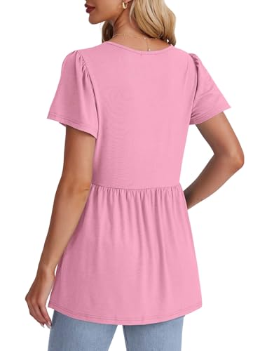 Image of OFEEFAN Womens Summer Tops Babydoll Short Sleeve Shirts Puff Sleeve Peplum Tops V Neck T Shirts