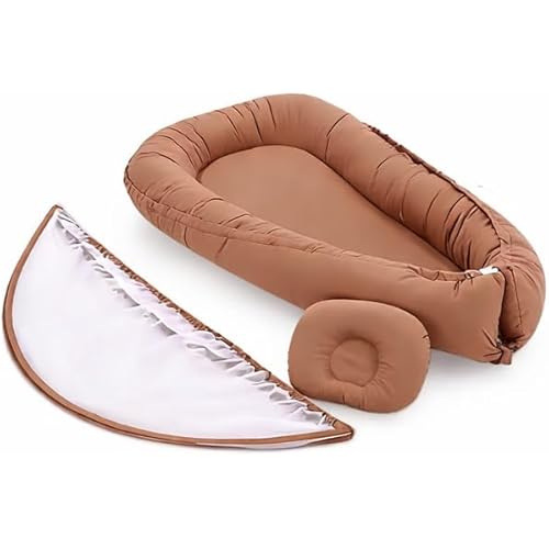 Baby Lounger - Baby Nest Cover - Breathable & Soft Cotton & Reversible - Infant Support Pad for Tummy Time and Diaper Changes, Mosquito Net, Newborn Babies Essentials Gifts, Brown