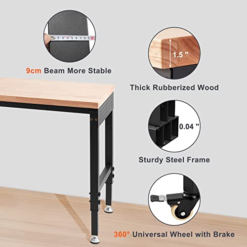 Image of VEVOR Workbench for Garage 72 inch Adjustable Workbench, Heavy-Duty Hardwood Worktable with Universal Wheels, 3000 LBS Load Capacity, with Power Outlets, for Workshop, Garage, Office and Home