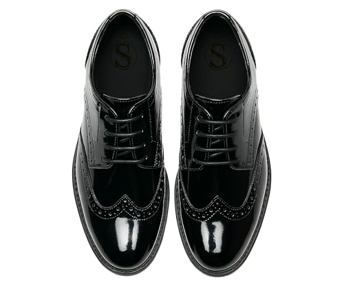 Patent Derby klänningsskor, Wingtip brogue snörning bröllop bal formella skor, Svart, 13 UK