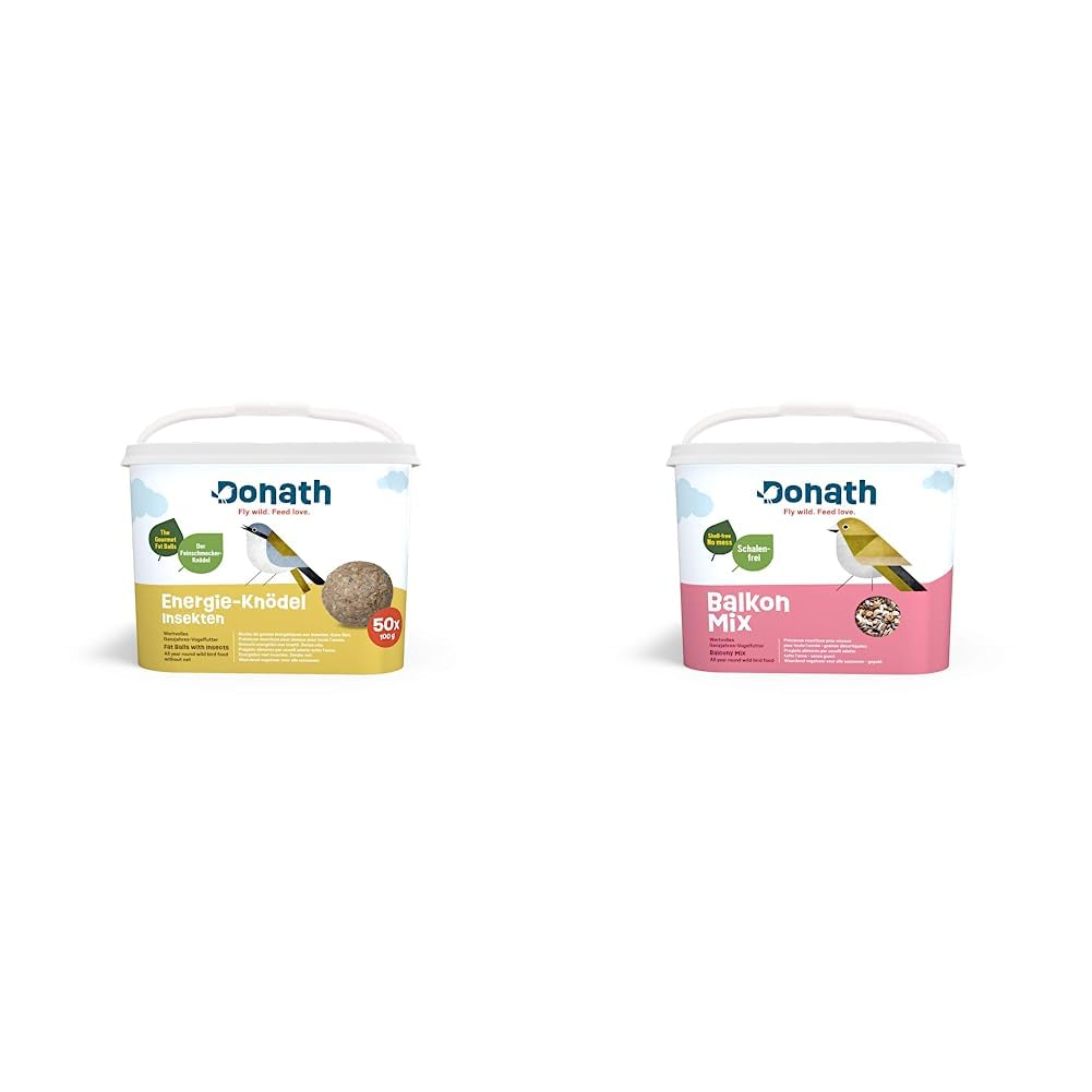 Donath Energie-Knödel Insekten ohne Netz - Meisenknödel ohne Netz - 100g je Knödel 50er Eimer & Donath Balkon Mix - schalenfreie Mischung für einen sauberen Balkon 5 Kg Eimer