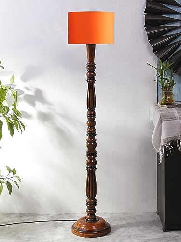 Image of Cotton Shade Floor Lamp with Wooden Base - Height 56 Inches, Orange | Modern Standing Lamp for Living Room, Bedroom, Office | Stylish & Decorative Home Lighting | Elegant Decor