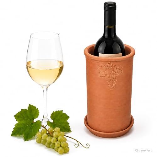MamboCat Terrakotta Weinkühler mit Untersetzer rund I Ø 11 5 cm H 18 8 cm I unglasierter Flaschenkühler für Wein Sekt & Wasser I Getränkekühler kühlt stundenland