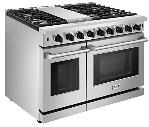 Thor Kitchen 48 In. Double Oven Freestanding Gas Range Lrg4807Ulp With 6.8 Cu. Ft. Oven, 6 Burners, 1 Griddle + Lp Conversion Kit, Storage Drawer, Cast Iron Grate In Stainless Steel #TOP1