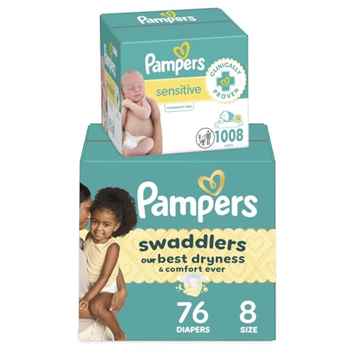 Pampers Swaddlers Disposable Baby Diapers Size 8, 76 Count with Sensitive Water Based Baby Wipes 12 Flip-Top Packs (1008 Wipes Total)