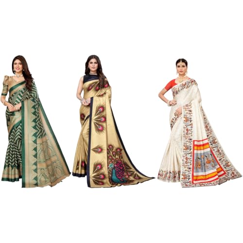Image of Yashika Women's Sarees Women's Combo Art Silk Printed Saree With Unstitched Blouse Piece |saree for Women | saree combo | New Sari | Saree Pack Of 3