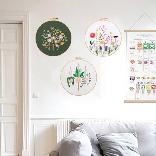 Image of Offizon 3 PCS Embroidery Kit for Beginners Stamped FlowerD Pattern | Cross Stitch DIY Craft Set, Hoop Included, Flower Embroidery Accessories, Stitching Sewing Kit Gift for Adults