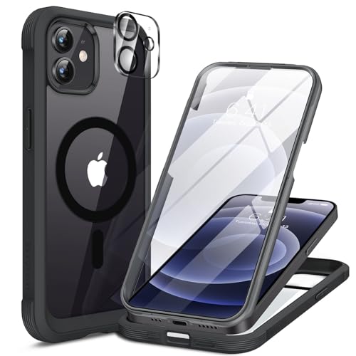 Image of Miracase Magnetic for iPhone 12 /12 Pro Case 6.1 inch, (Compatible with MagSafe) Upgrade Full-Body Clear Phone Bumper Case with Built-in 9H Tempered Glass Screen Protector, Magnetic Classic Black
