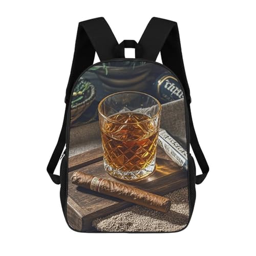 17 Inch Backpack for Travel, Cigar & Whiskey Print Modern Backpack Shoulder Bag with Adjustable Straps, Side Pockets & Reinforced Bottom