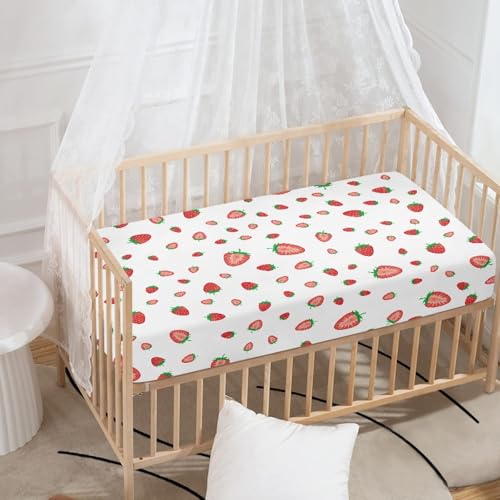 Image of Strawberry Baby Crib Sheets for Boys Girls Fruits Print Fitted Crib Sheet for Standard Crib and Toddler Mattress Cute Baby Mattress Sheets Toddler Bed Sheet 52x28x8 in