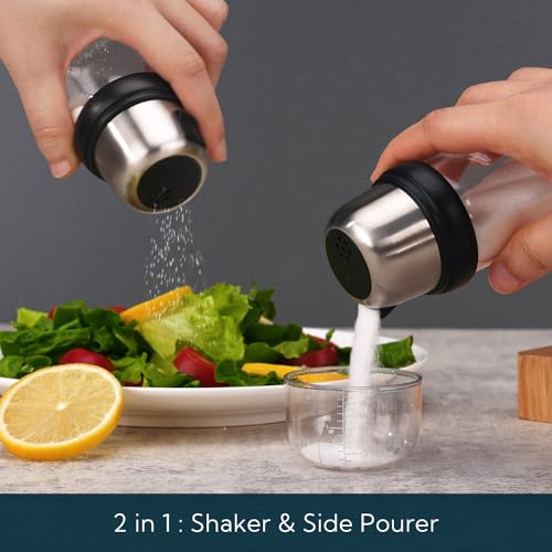 Image of KTCHENDAO 2 in 1 Glass Salt Shaker with Side Pour Spout, Built-in Lid to Slow Down Dampness with Mearsuring Marks, Elegant Borosilicate Glass Salt Dispenser for Kitchen,BPA Free,4oz (Black)
