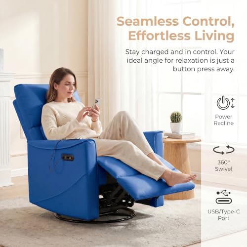 Image of Leather Power Swivel Rocking Recliner Chair, Electric Lazy Boy Reclining with Home Theater Seating, 360 Swivel Oversized Recliner Chair for Living Room, Bedroom, Reading, Napping, Blue